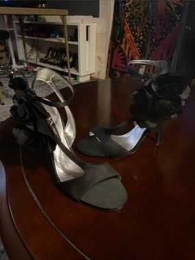 Nina black strappy flower high heel